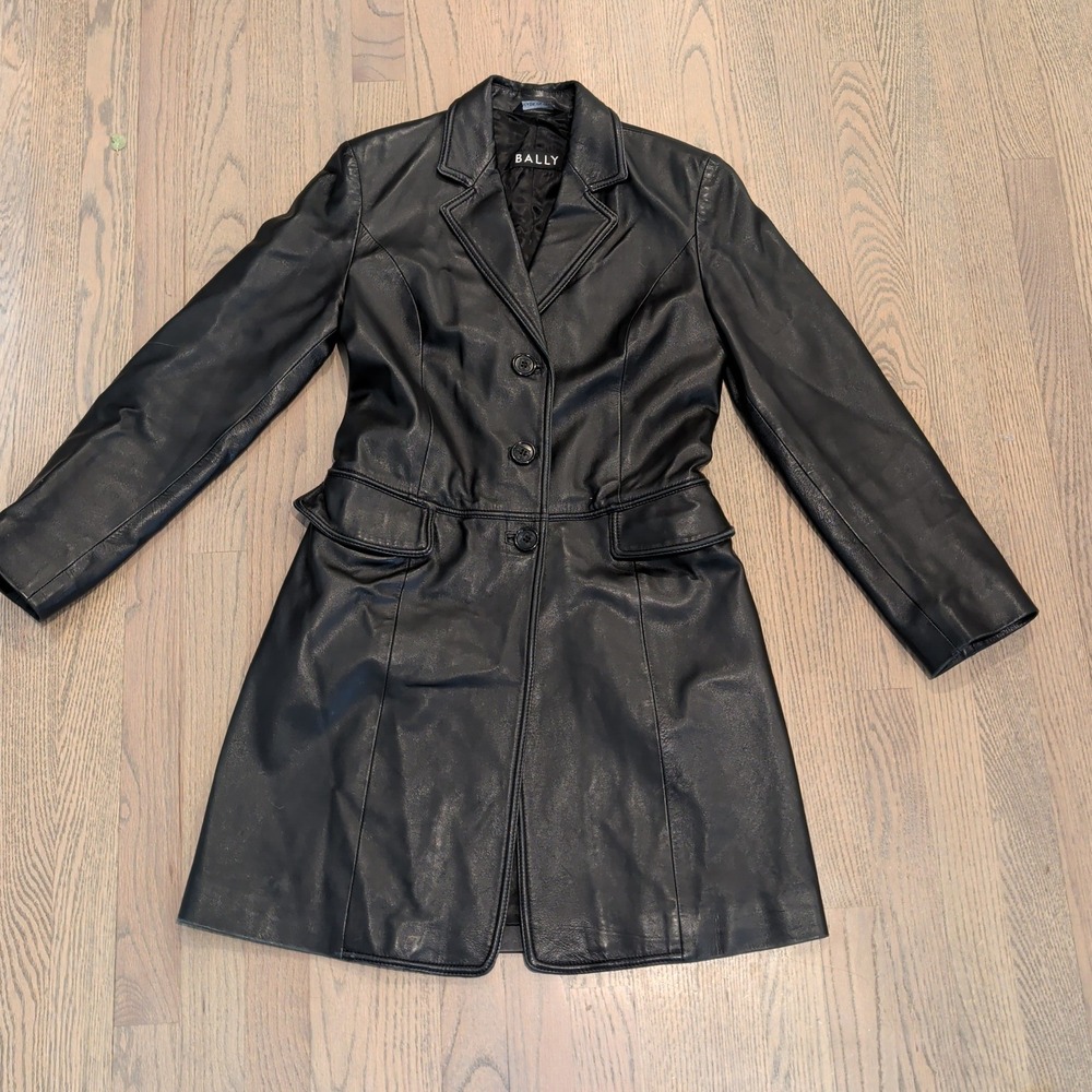Bally Made in Italy Black Leather Coat Trench Jacket Fitted Mid-Length Tailored